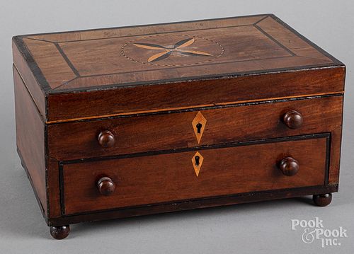 Mahogany inlaid sewing box, 19th c.