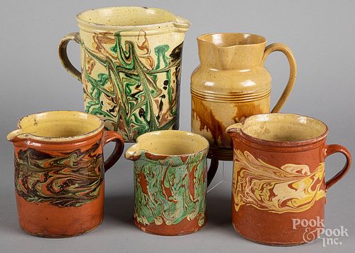 Five French redware pitchers