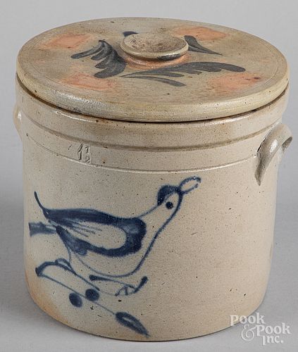 Stoneware 1 1/2 gallon lidded crock, 19th c.