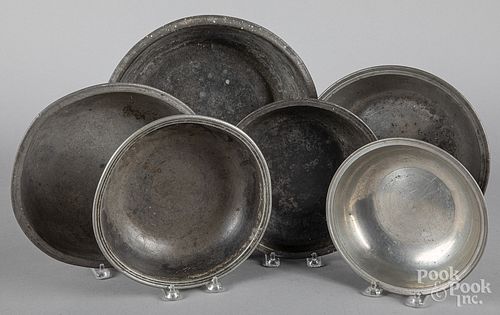 Six English pewter basins, 19th c.