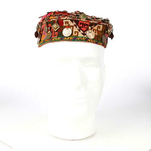 MIDDLE EASTERN COIN AND CHARM TRIBAL PILLBOX HAT