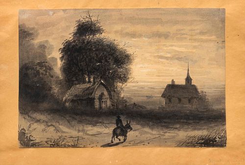 Alfred Jacob Miller
(American, 1810-1874)
A Horseman Rides by a Cottage and Chapel
