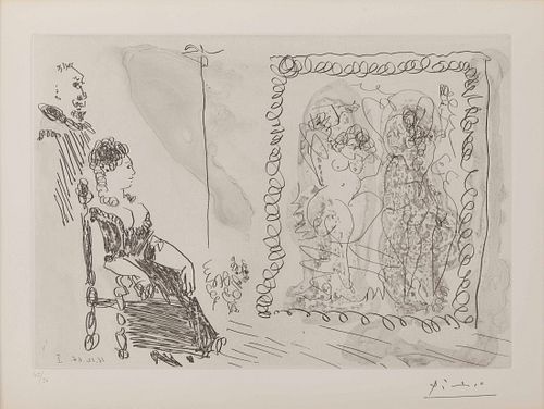 Pablo Picasso
(Spanish, 1881-1973)
Couple regardant une toile ou figurent les trois graces , 1966