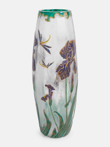 Mont Joye, France, Early 20th Century, Dragonfly and Iris Vase