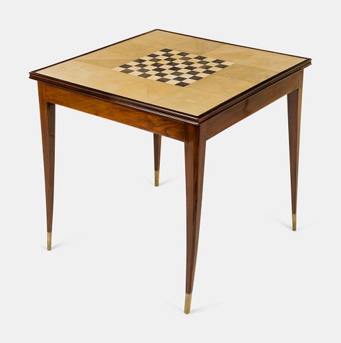 Manner of Jules Leleu, Early 20th Century, Art Deco Game Table, c. 1930, removable shagreen-lined top revealing a felt-covered backgammon board