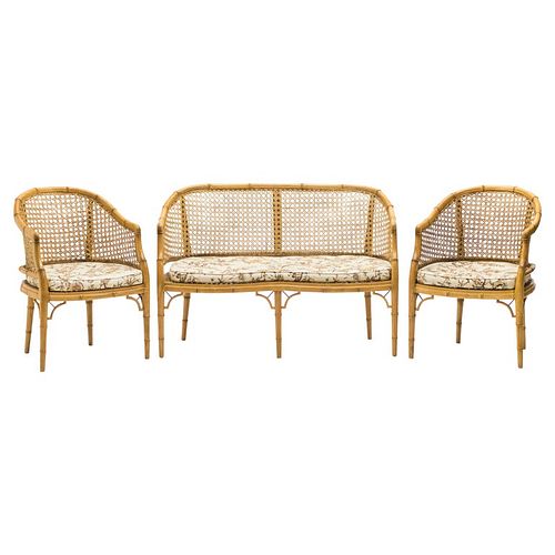 Mid-Century Modern French Riviera Cane Bamboo Sofa and Armchairs, 1960s