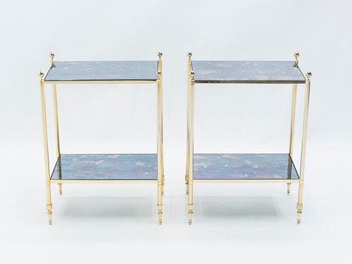 Pair of French Maison Jansen Brass Mirrored Two-Tier End Tables, 1960s
