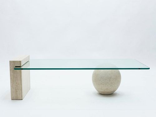 French Midcentury Philippe Barbier Travertine Glass Coffee Table, 1970s