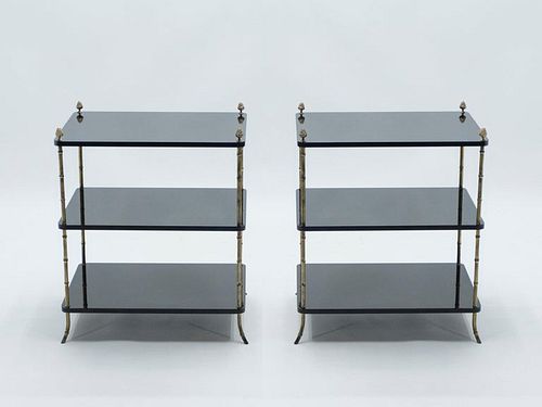Pair of French Maison Bagus Brass Black Lacquer Three-Tier Side Tables, 1950s