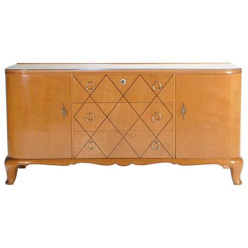 Midcentury Rene Prou Sycamore Brass Sideboard Commode, 1940s