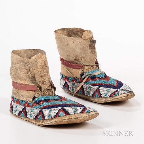 Pair of Plains Beaded Hide High-top Moccasins