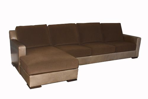 Sectional brown upholstered leather sofa, Kravet 