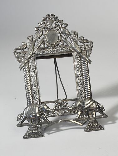 19th C. India lrg silver frame w/ peacocks & elephants