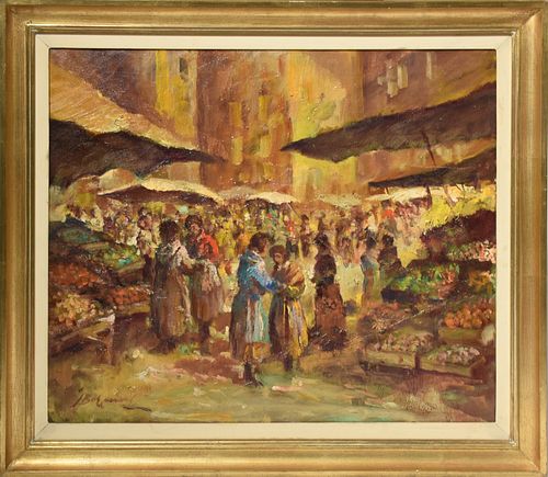 Oil on canvas, European market scene