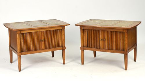 Pair of low side cabinets with tambour scroll fronts