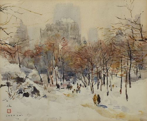 Watercolor, NYC Central Park winter, signed Chen Chi