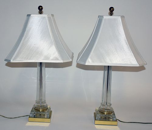 Pair of 1972 Chapman glass & brass lamps w/ shades