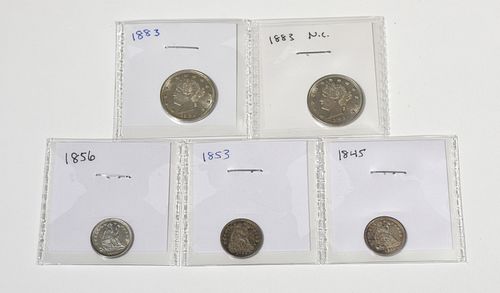 1845, 1853 and 1856 half dimes with two 1883 nickels