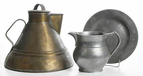 Lidded Brass Kettle with Two Pewter Articles