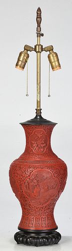 Chinese Carved Cinnabar Vase Converted to Lamp