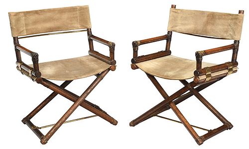 Pair Oak, Brass, Suede Folding Director's Chairs