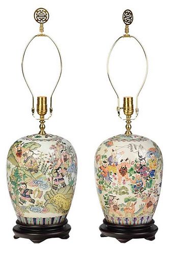 Pair Chinese Enameled Porcelain Lamps