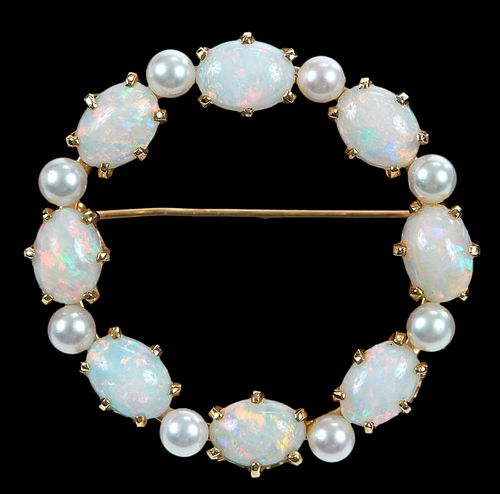 14kt. Opal and Pearl Circle Brooch