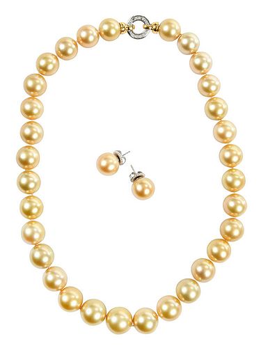 High Karat Gold Pearl Necklace and Earring Set