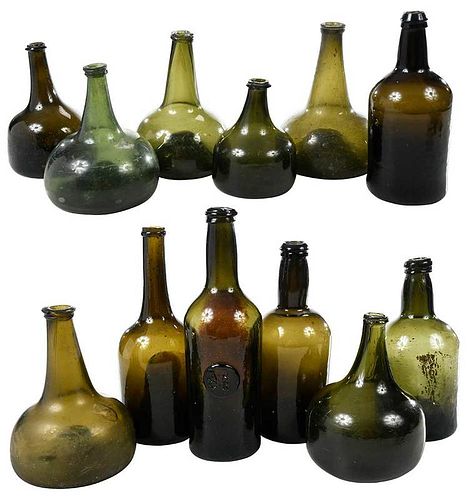 Group of 12 Early Olive Green Wine Bottles