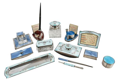 Two Sterling and Enamel Desk Sets, 15 Pieces