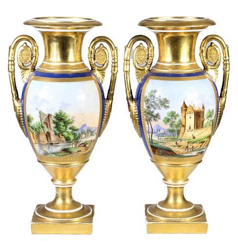 Pair of French Pair Porcelain Painted Vases