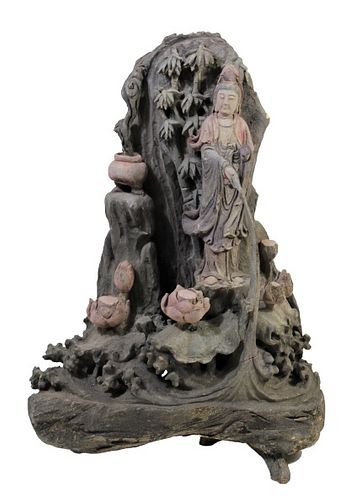 Early Republic Chinese Carved Quanyin w Waterfall