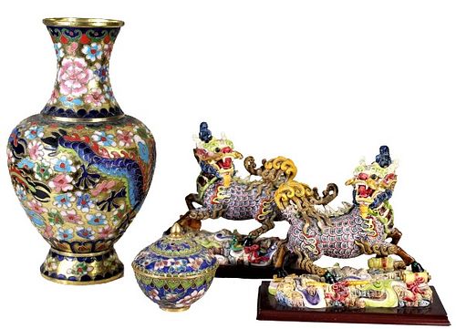 (4) Chinese Pieces: Vase, Container, and Dragons
