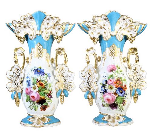Pair of Celeste Blue Spill Vases, Hand Painted