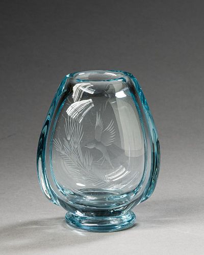 Etched Glass Vase With Humming Bird.