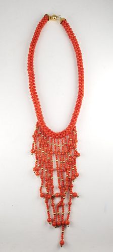 18K Gold Red Coral Bead Necklace