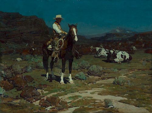 Frank Tenney Johnson (1874-1939), While Trail-Weary Cattle are Sleeping (1936)