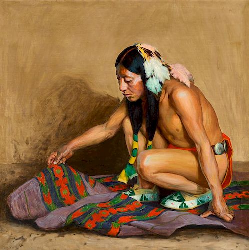 Eanger Irving Couse (1866-1936), Indian Examining a Blanket (1922)