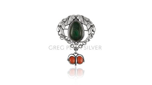 Antique Georg Jensen Drop Brooch 76 With Malachite & Coral