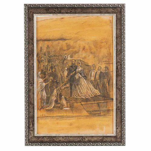 Desembarco de Maximiliano en el Puerto de Veracruz. Mexico, late 19th century. Charcoal on paper, 22.5 x 8.2" (32.5 x 21 cm). Framed