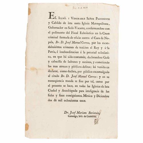 Beristain, Josef Mariano. Comunicación Informando sobre la Excomulgación del Cura de Nopala José Manuel Correa. Méx, 1811.