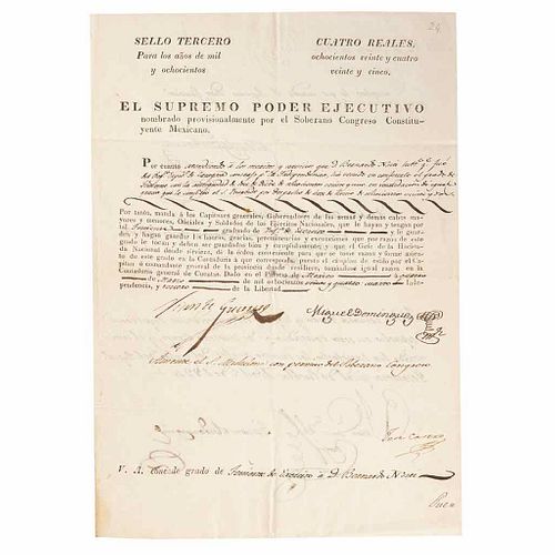 Guerrero, Vicente. (2nd President, April 1st, 1829 - December 17th, 1829). Promotion to Lieutenant... 1824. Signed.