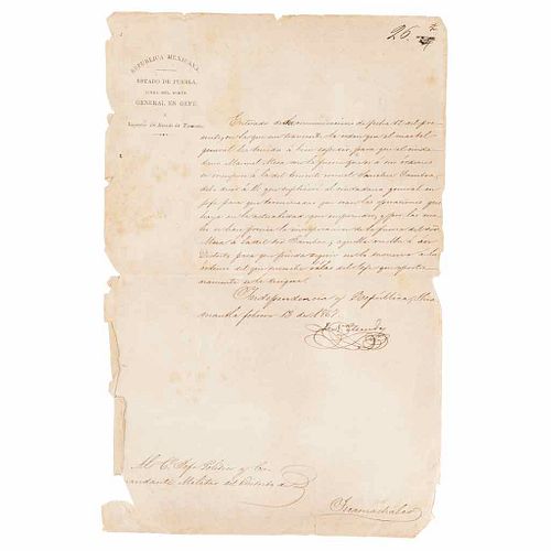 Méndez, Juan Nepomuceno. (34th President, December 6th, 1876 - February 16th, 1877). Handwritten letter.