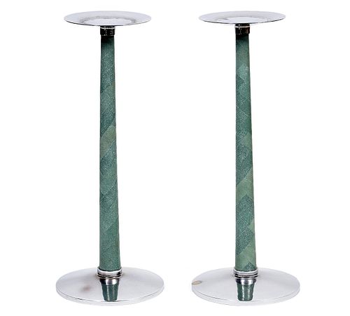 Pair of Shagreen & Chrome Candle Holders