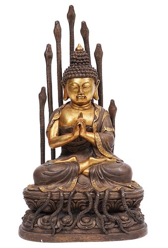Naga Thai Gilt & Patinated Bronze Buddha Statue