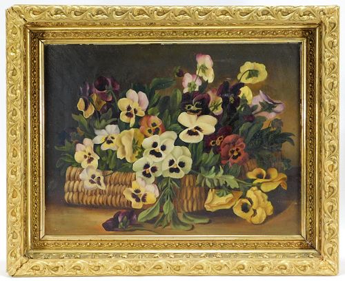 Antique Victorian Pansy Flower Basket Painting
