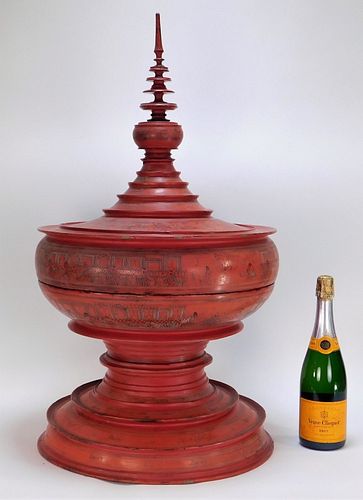 Large Red Lacquer Burmese Thai Food Storage Box