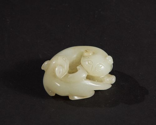 Chinese White Jade Carving of Cats, 19th Century