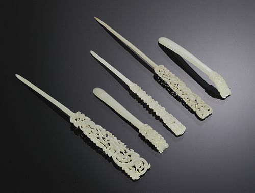 Group of 5 Chinese Jade Hairpins, 18-19th Century