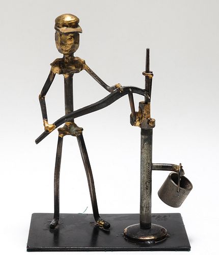 Brutalist "Man Pumping Water" Figural Sculpture